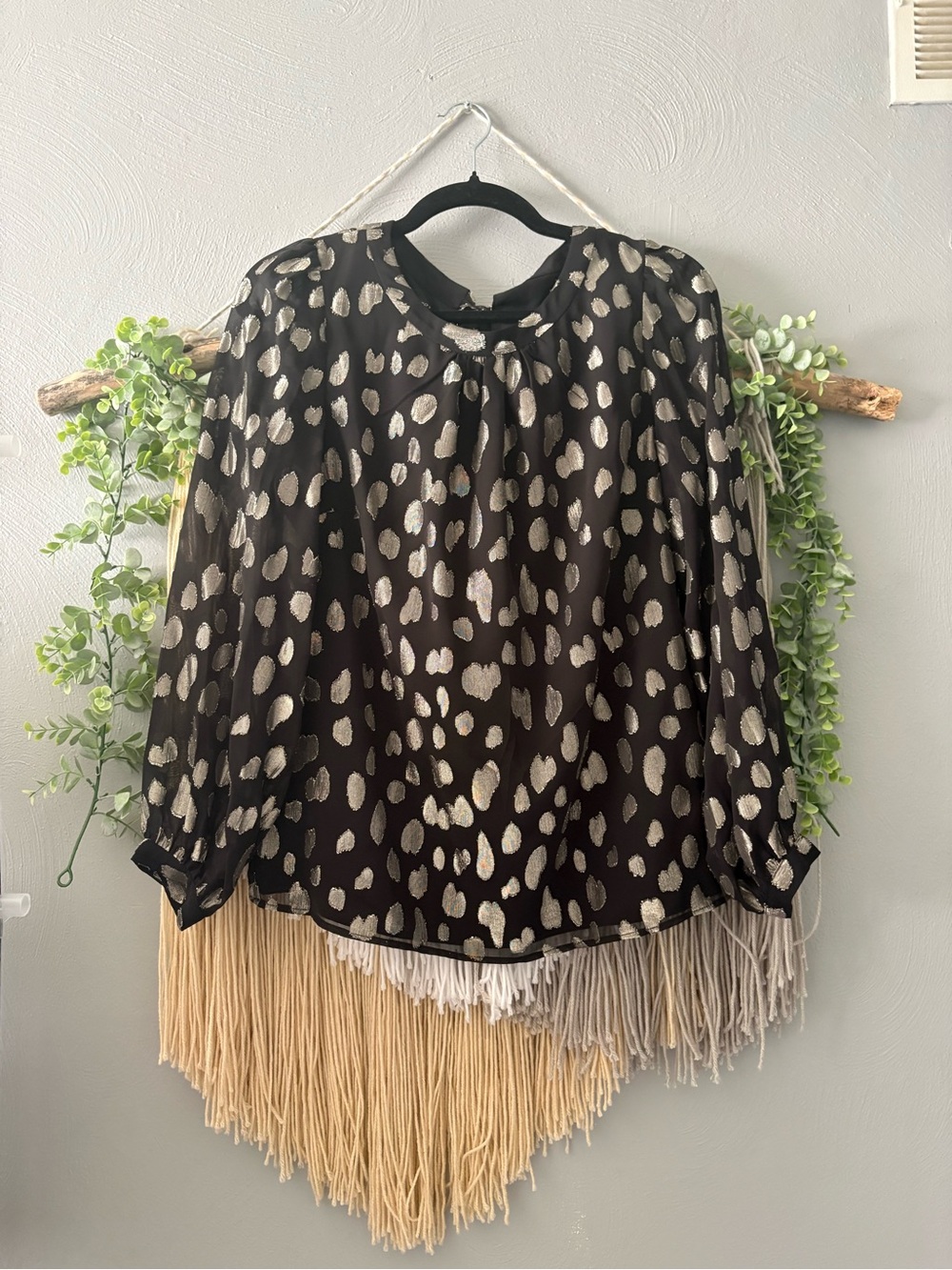 Talbots Black Blouse with Metallic Dot Tie Back